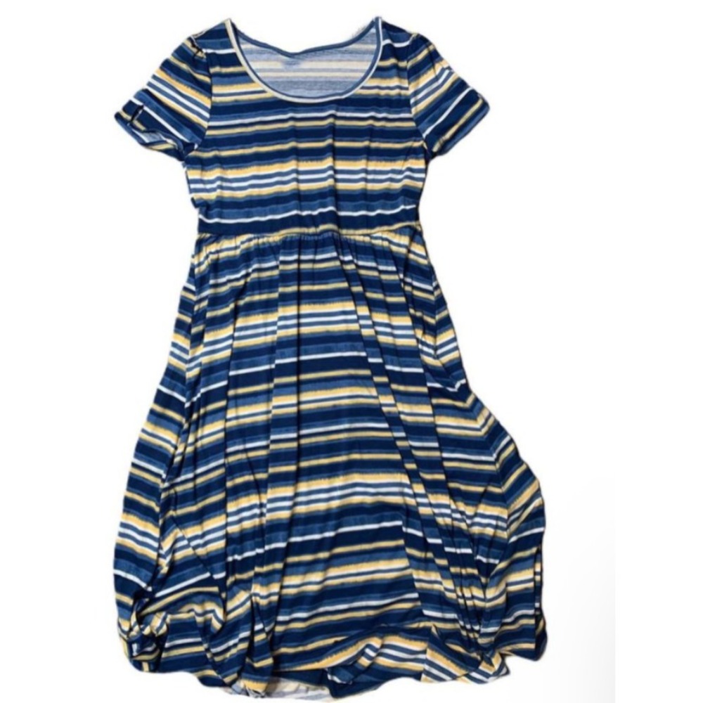LuLaRoe Womens Dress Size 2XL Riley Midi Empire Waist Blue Yellow Stripes NWT